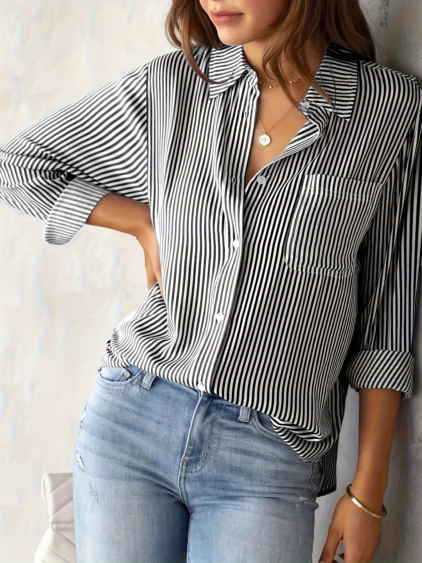 Amazon foreign trade European and American clothing wish AliExpress tops casual long sleeve striped shirts midi maxi size
