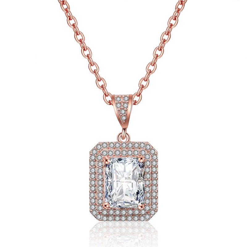 Cross-border new product sugar cube zircon necklace, niche light luxury double-layer enclosed two-tone pendant, one-piece dropshipping accessory