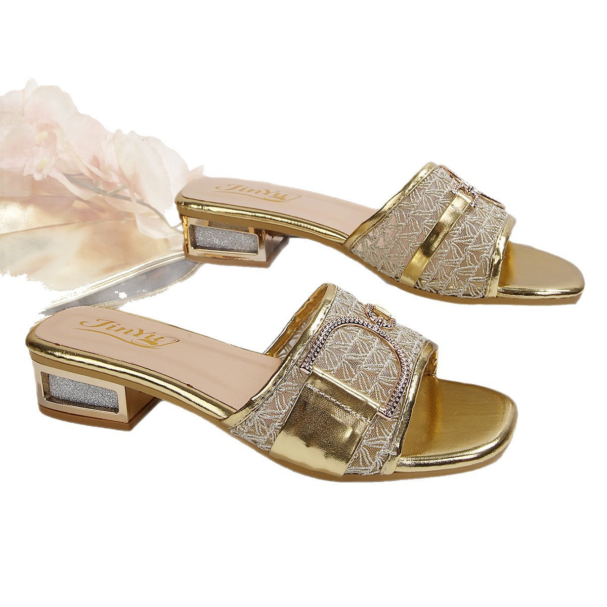 European and American cross-border foreign trade wholesale high-heeled sandals, women's slippers, elegant chain decorative buttons, square-toe sandals