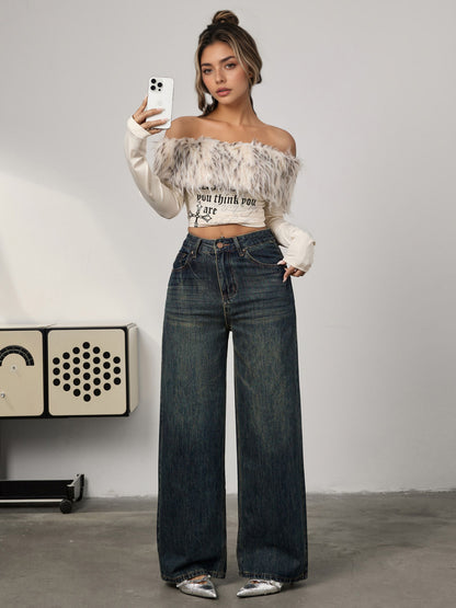 Nostalgic retro American wide-leg jeans women's spring 2025 new loose high-waisted straight-leg pleated floor-length pants