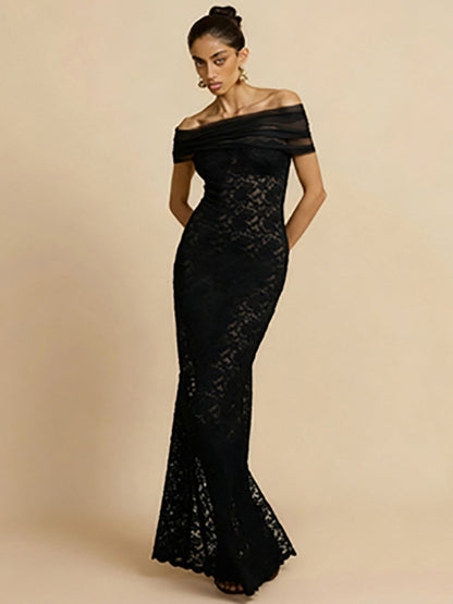 Cross-border wholesale autumn new women's clothing sexy lace one-shoulder see-through slit slim hip wrapping dress for women