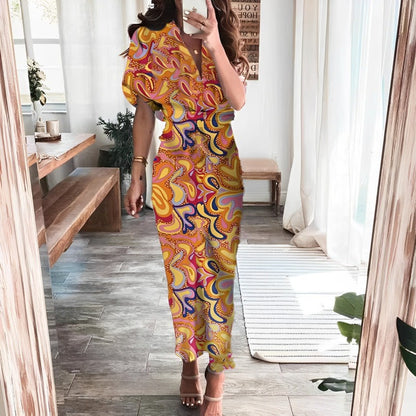 2026 Amazon Foreign Trade European and American Fashion Spring New Short Sleeve Temperament Commuter High Waist Printed Long Dress