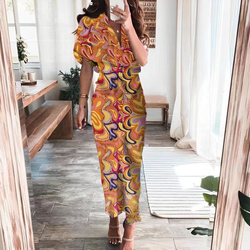 2026 Amazon Foreign Trade European and American Fashion Spring New Short Sleeve Temperament Commuter High Waist Printed Long Dress