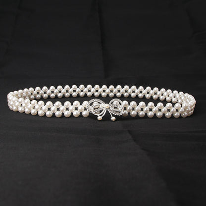 Ladies Pearl Belt Korean Version Rhinestone Pearl Embellished Belt Fashion Sweet Dress Elastic Belt Women Wholesale