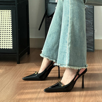 WO pointed stiletto heels for spring and summer 2026, new temperament, patent leather sexy toe wrapped heel sandals
