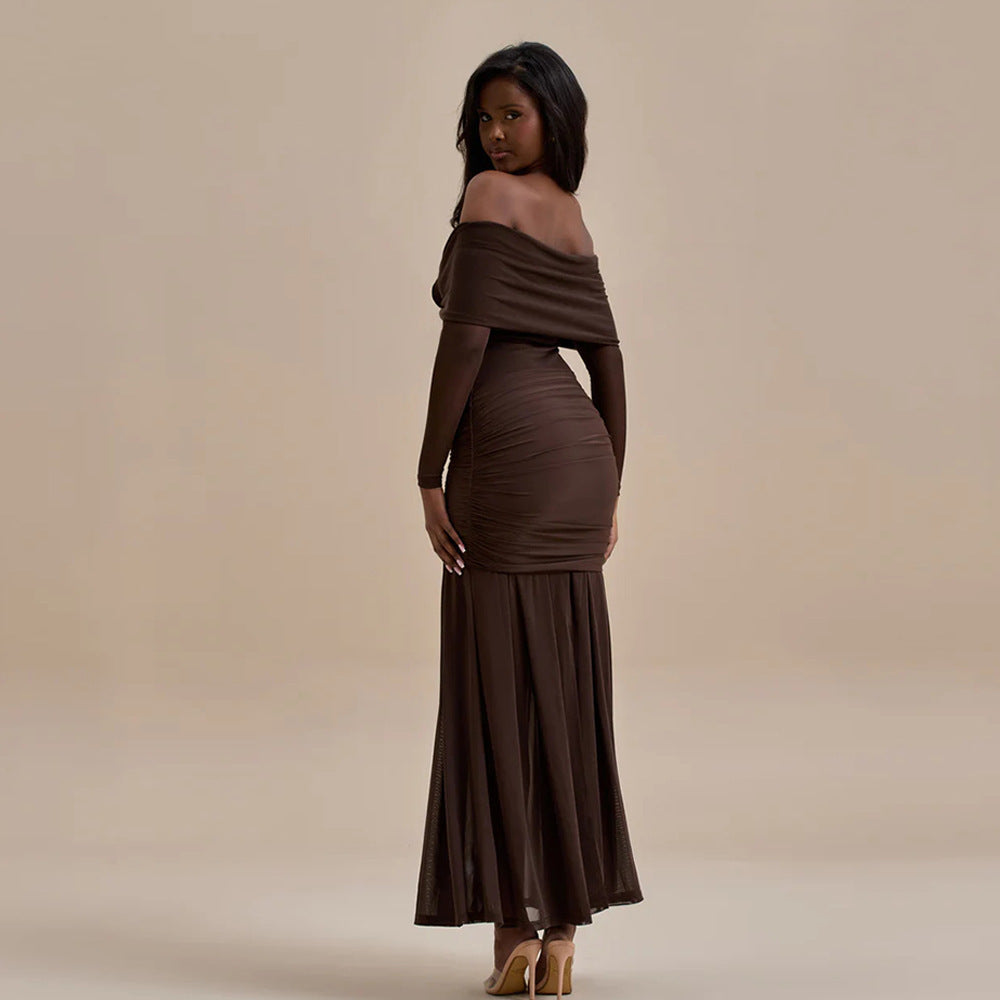 Cross-border European and American women's autumn fashion flower decoration sexy one-shoulder pleats slim hip wrap dress