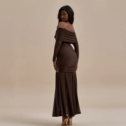 Cross-border European and American women's autumn fashion flower decoration sexy one-shoulder pleats slim hip wrap dress