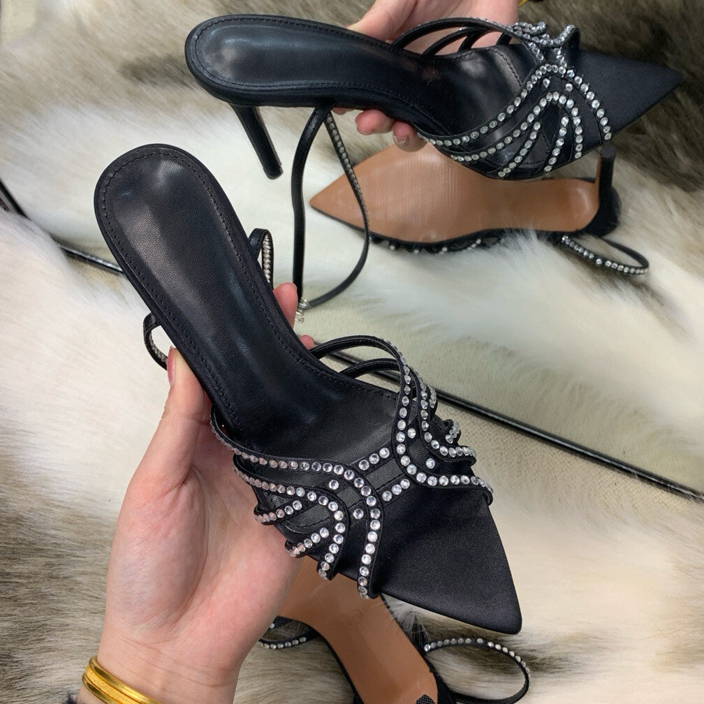 YX2026 New Rhinestone Black Stiletto Heel Sexy Satin Open Toe Pointed Toe Straight Strap Cross Thin Band Sandals for Women