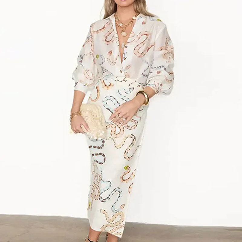 Amazon Spring 2025 European and American New Women's Temperament Fashion Printed Shirt Long Sleeve Slit Skirt Loose Suit