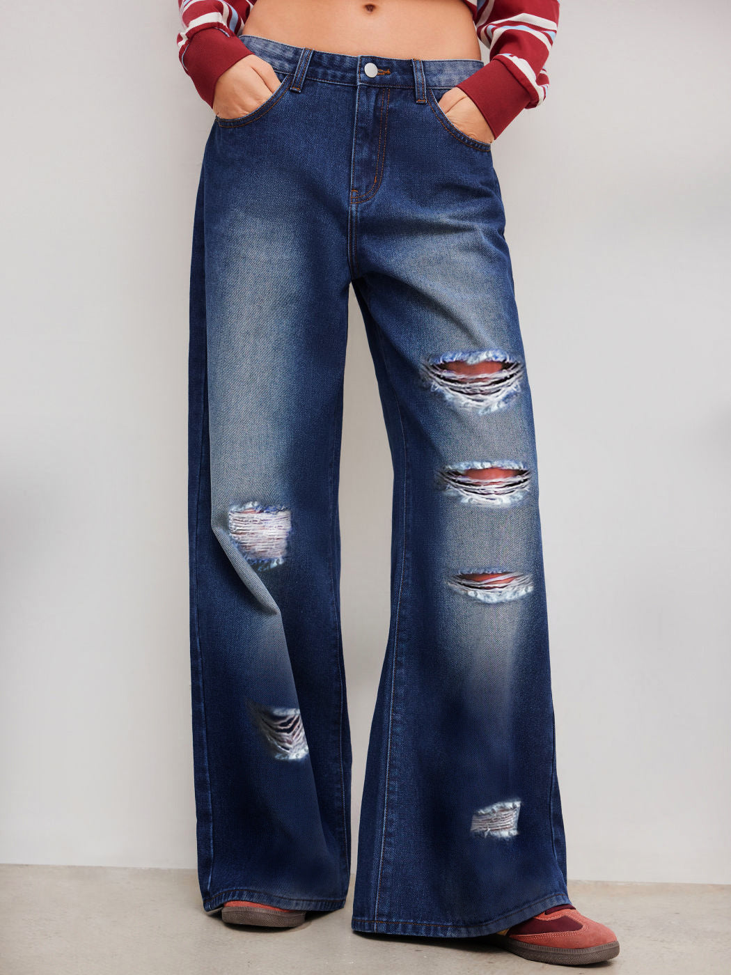 European and American cross-border foreign trade ripped jeans washed high waist straight leg versatile loose denim trousers women JEANS