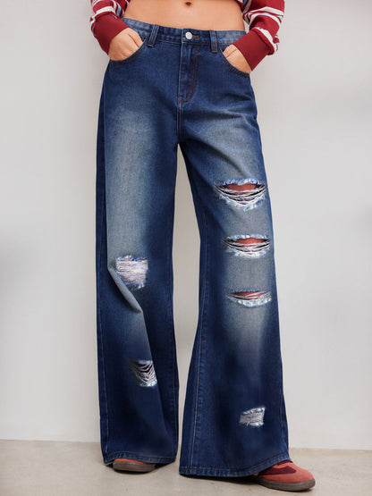 European and American cross-border foreign trade ripped jeans washed high waist straight leg versatile loose denim trousers women JEANS
