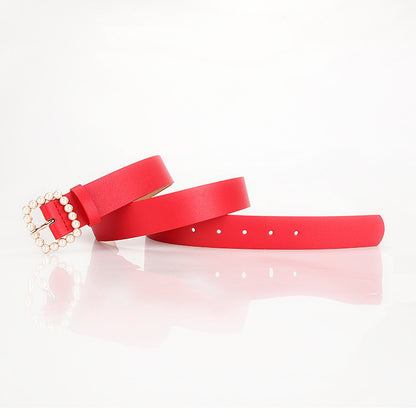 The square-shaped buckle pearl belt is fashionable and versatile, and the sweet and cute women's belt is fashionable and elegant, and the outfit is matched