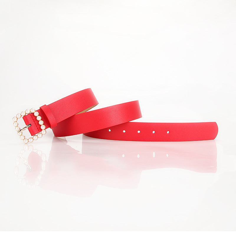The square-shaped buckle pearl belt is fashionable and versatile, and the sweet and cute women's belt is fashionable and elegant, and the outfit is matched