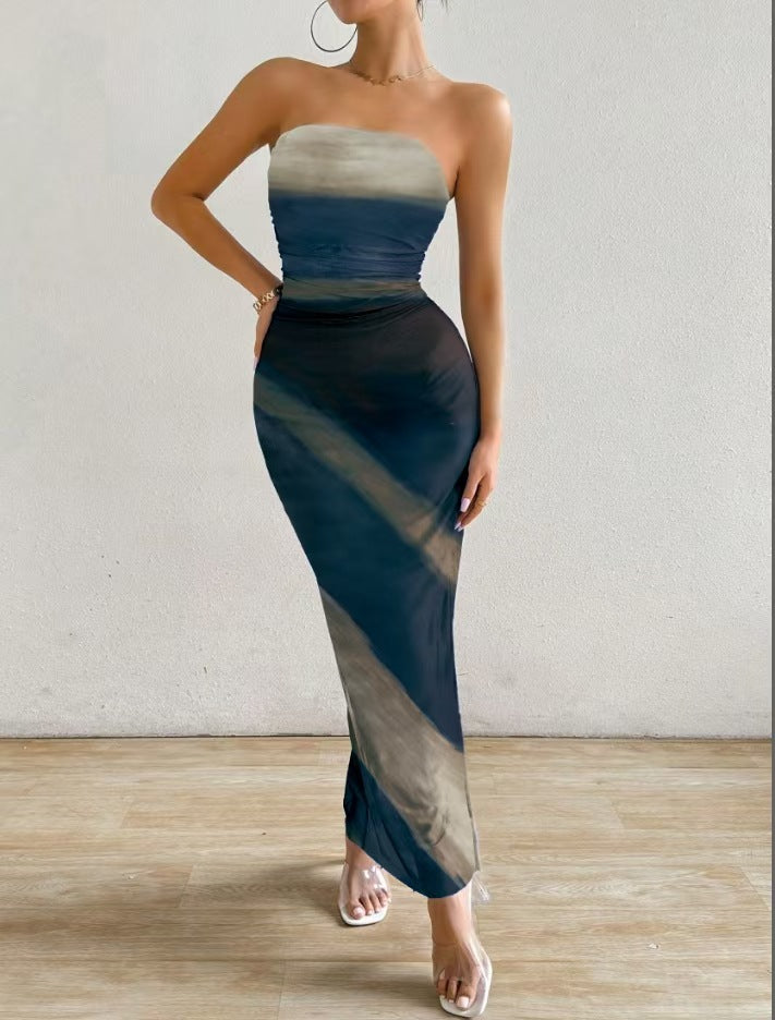 Spot cross-border 2024 European and American Amazon mesh gradient ruffles sexy skinny slit strap bandeau long skirt