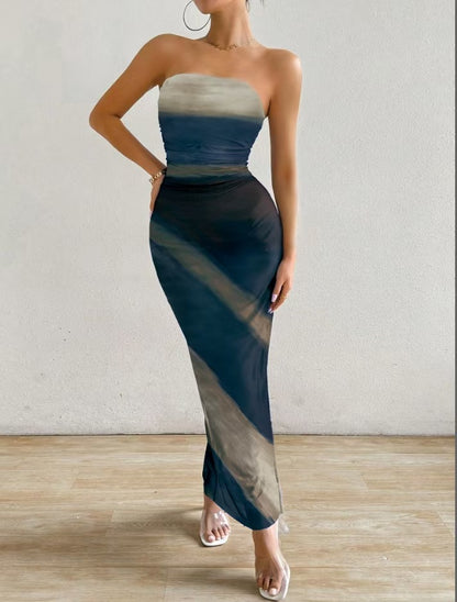 Spot cross-border 2024 European and American Amazon mesh gradient ruffles sexy skinny slit strap bandeau long skirt