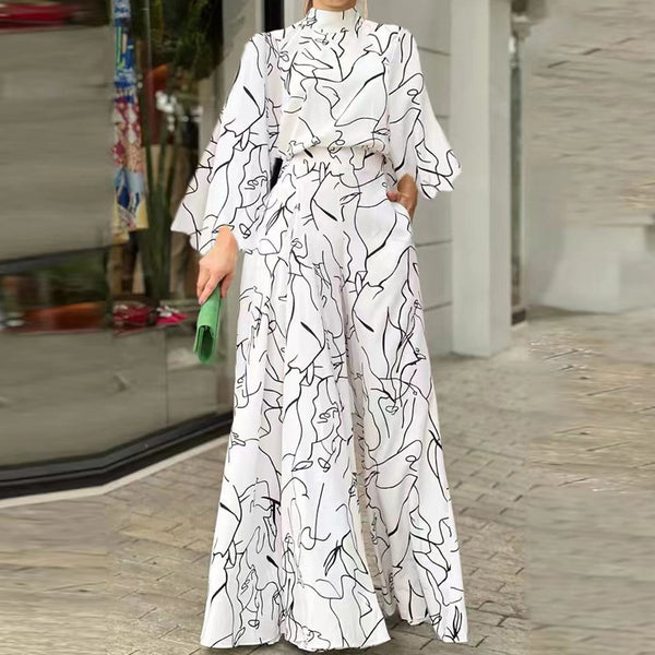 2025 Summer European and American Clothing Amazon Temperament Elegant Waist Lace-up Sleeveless Halterneck Pants Printed Jumpsuit