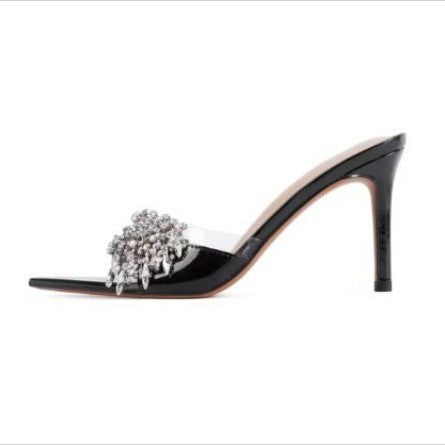 WO Huizhou City 2026 summer women's outer wear rhinestone high-heeled slippers, pointed toe thin heels, fashionable one-word European aesthetic light luxury