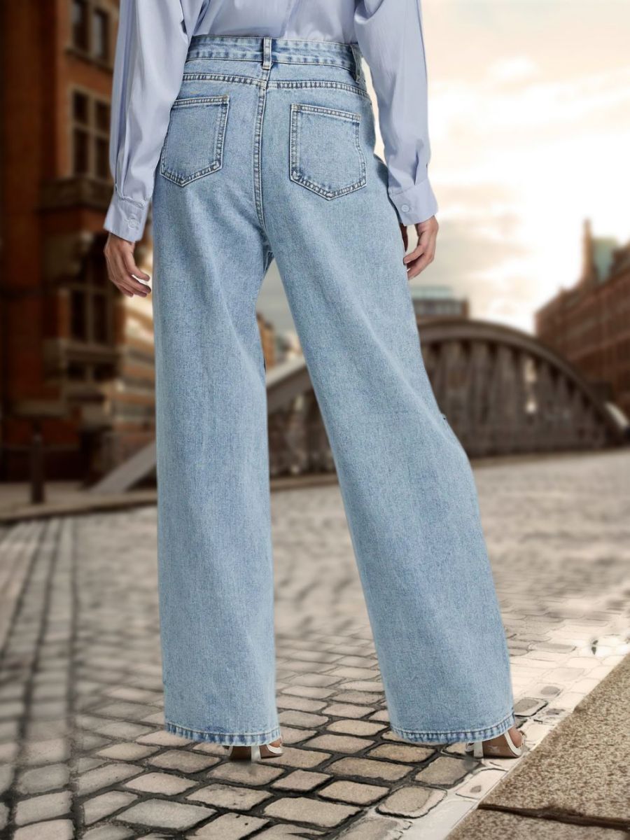 Spot cross-border European and American denim women's loose wide-leg trousers, high-waisted ripped jeans women's JEANS