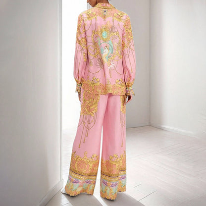 Cross-border spring 2026 Amazon European and American clothing long sleeve pink printed shirt trousers casual fashion suit women