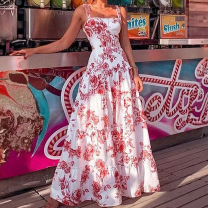 Amazon spring European and American dress new temperament print long large skirt waist slip dress 661