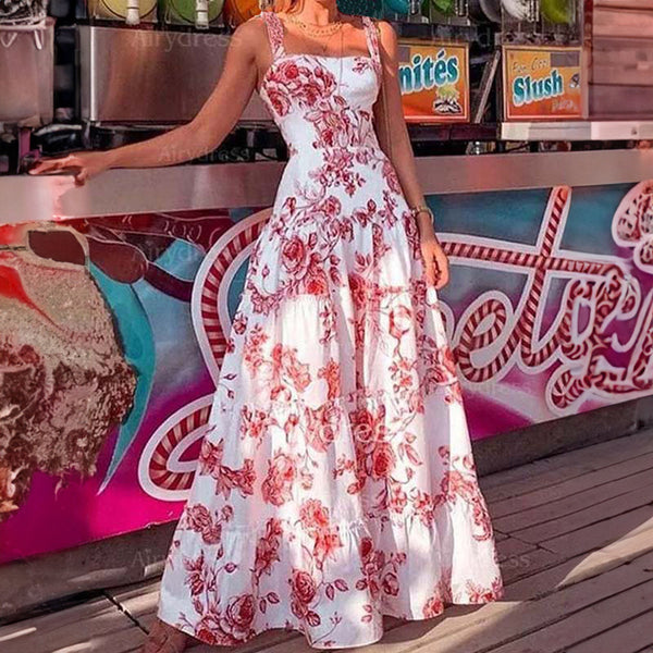 Amazon spring European and American dress new temperament print long large skirt waist slip dress 661