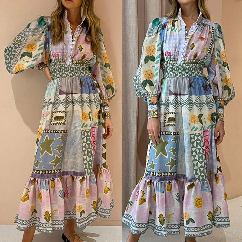 Spring 2026 European and American foreign trade women's temperament commuter painted printed lanterns long sleeves cinched waist large skirt dress