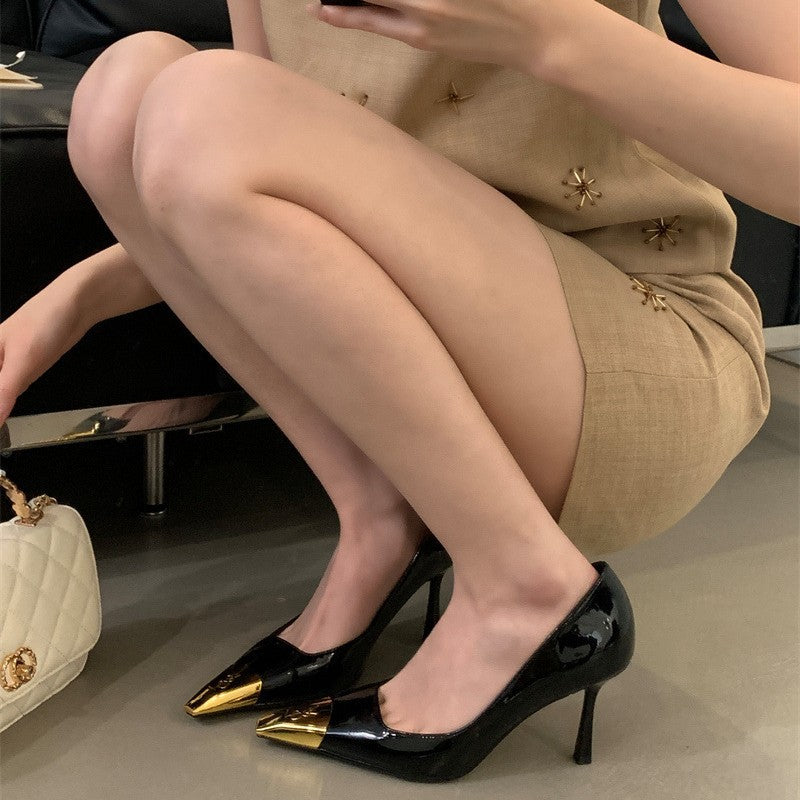 Spring 2026 European and American fashion thin heel pointed toe microfiber lining metal trim summer breathable super high heel women's single shoes