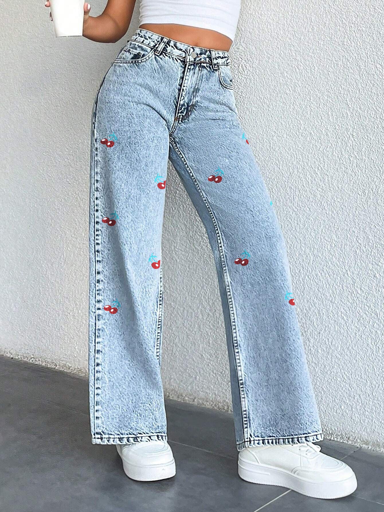 Cross-border foreign trade original design jeans cherry print wash high waist straight denim trousers women JEANS