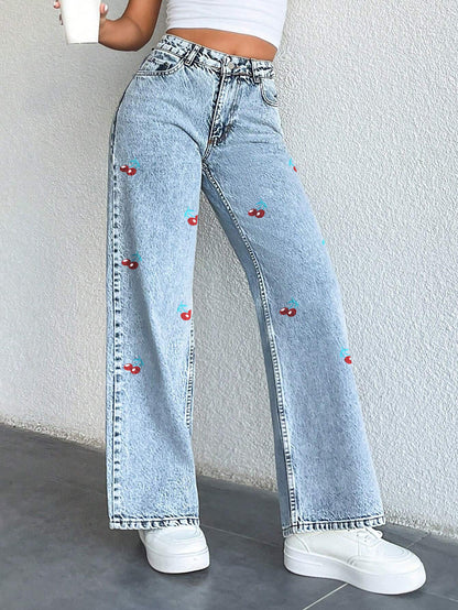 Cross-border foreign trade original design jeans cherry print wash high waist straight denim trousers women JEANS