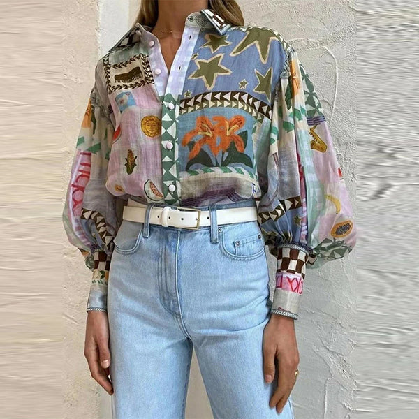 2026 spring new cross-border European and beautiful clothing temperament elegant lapel long sleeve printed painted casual fashion shirt