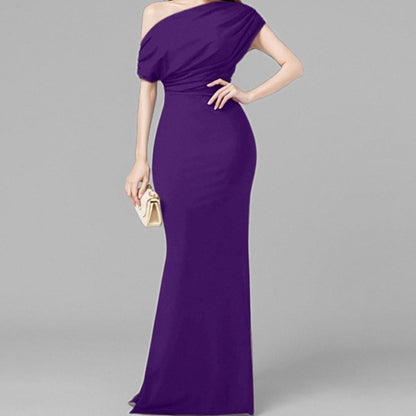 2025 Summer Amazon Cross-border European and American Fashion New Temperament Elegant and Fashionable Solid Color Hip Wrapping Slanted Shoulder Dress