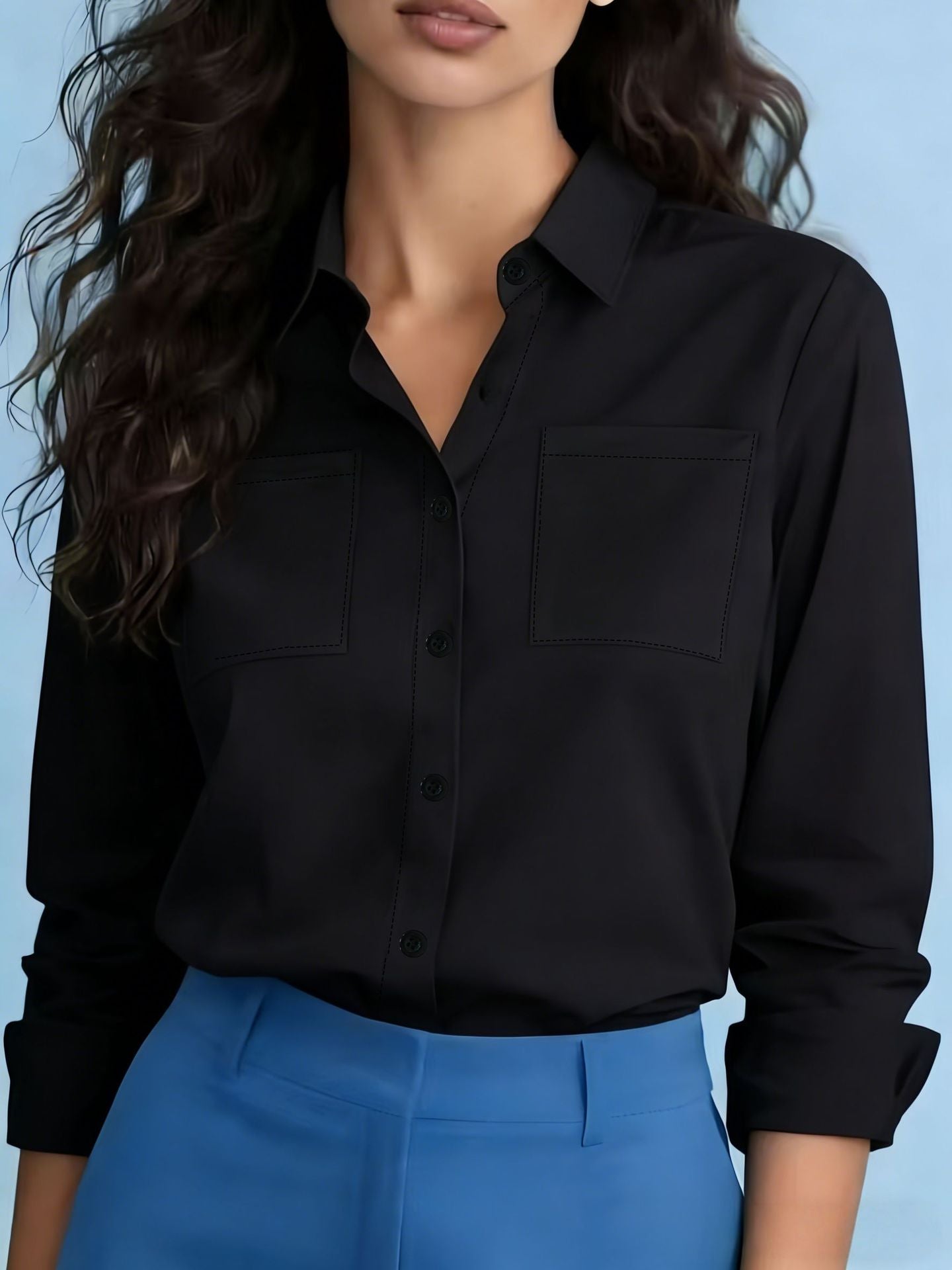 European and American elegant plus-size women's cross-border four-season pocket loose long-sleeve lapel shirt top