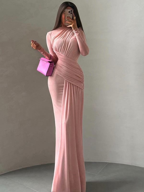 Cross-border autumn new women's celebrity style solid color crew neck asymmetrical pleated slim hip wrap dress for women