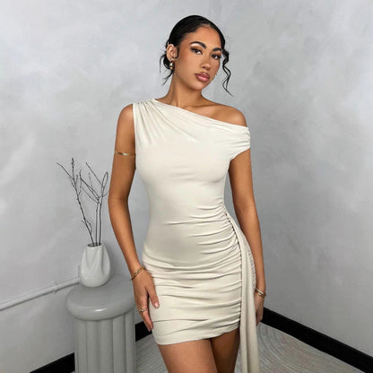 Cross-border new European and American clothing solid color sexy diagonal collar slim hip skirt fashion pleated temperament streamer dress