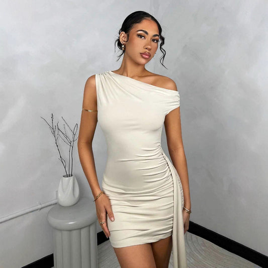 Cross-border new European and American clothing solid color sexy diagonal collar slim hip skirt fashion pleated temperament streamer dress