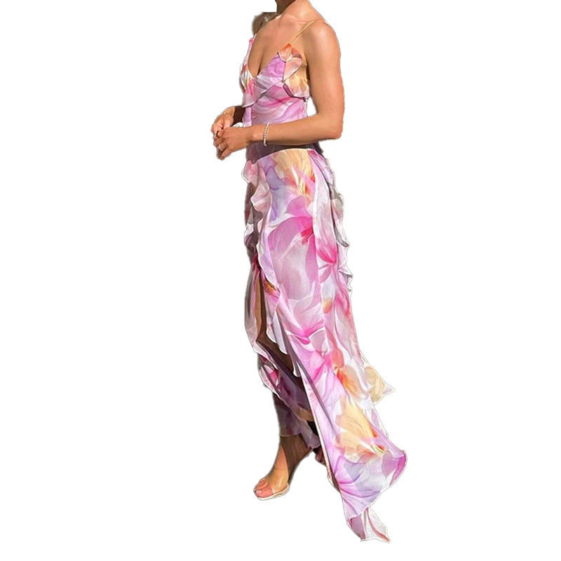 Vestido camisola estampado com efeito desfocado, tendência europeia e americana para o verão de 2025, novo modelo de nicho, sexy, com detalhes em serpentina, racha e saia comprida chique.