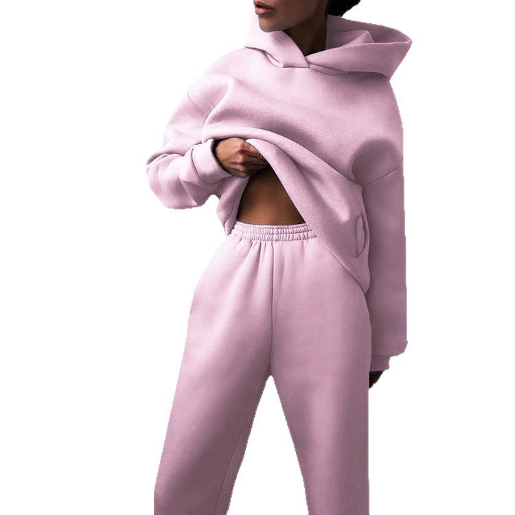2026 New Cross-border European and American Fashion Casual Sports Style Solid Color Thickened Hooded Sweatshirt Fashion Suit Women