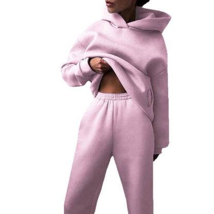 2026 New Cross-border European and American Fashion Casual Sports Style Solid Color Thickened Hooded Sweatshirt Fashion Suit Women