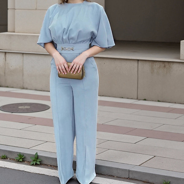 Amazon cross-border European and American clothing 2025 summer fashion crew neck solid color high-waisted elegant temperament wide-leg jumpsuit - view 2 | Ciaura