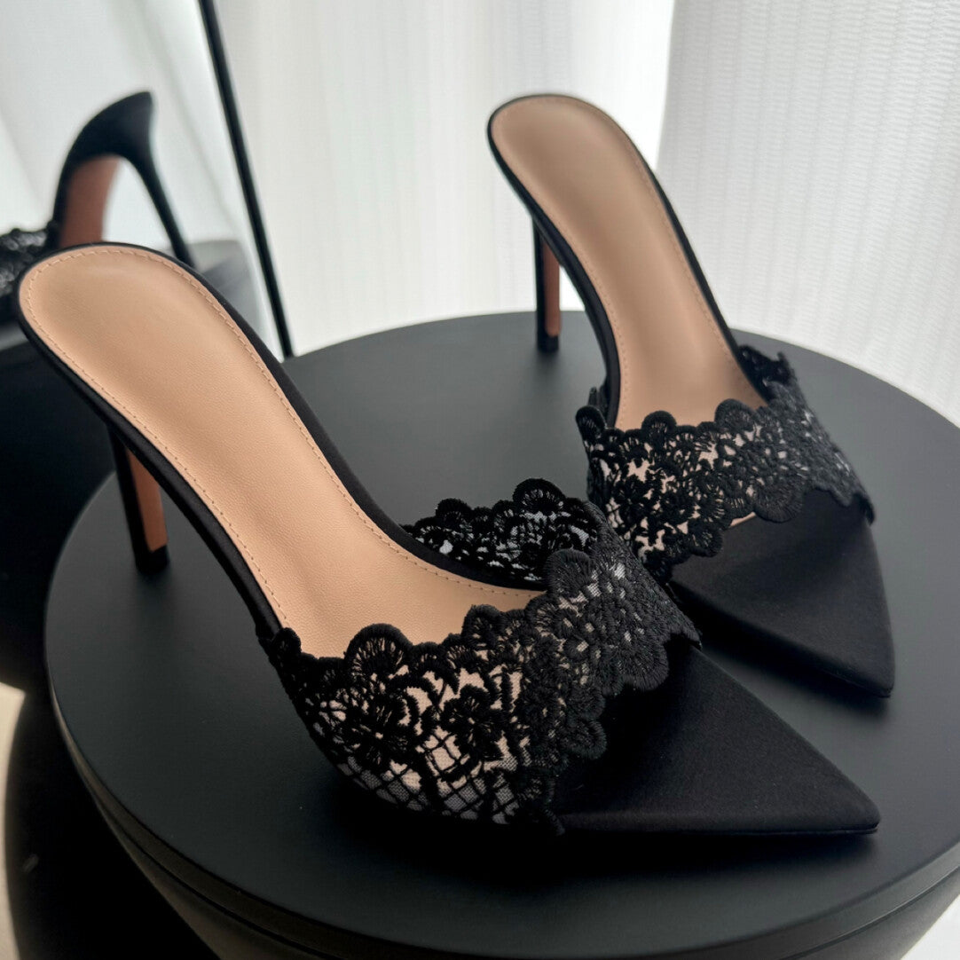 WO Huizhou 2026 Summer High Heels Light Luxury High-End Lace Pointed Toe Thin Heel Slippers European and American Fashion Temperament