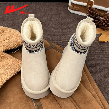 Warrior women's snow boots, 2025 new winter fleece-lined thickened warm cotton shoes, thick-soled fashionable cute board shoes