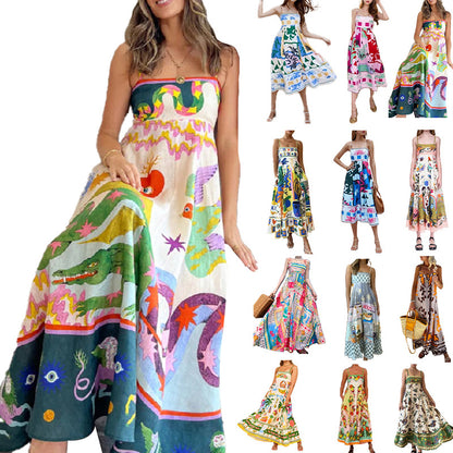 Spring 2026 European and American women's new elegant high-waisted printed suspender casual fashion dress