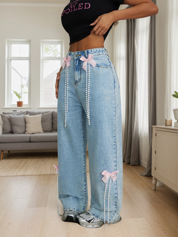 Cross-border exclusive to Europe, America and North America fashion new snowflake wash bow decoration wide-leg jeans JEANS