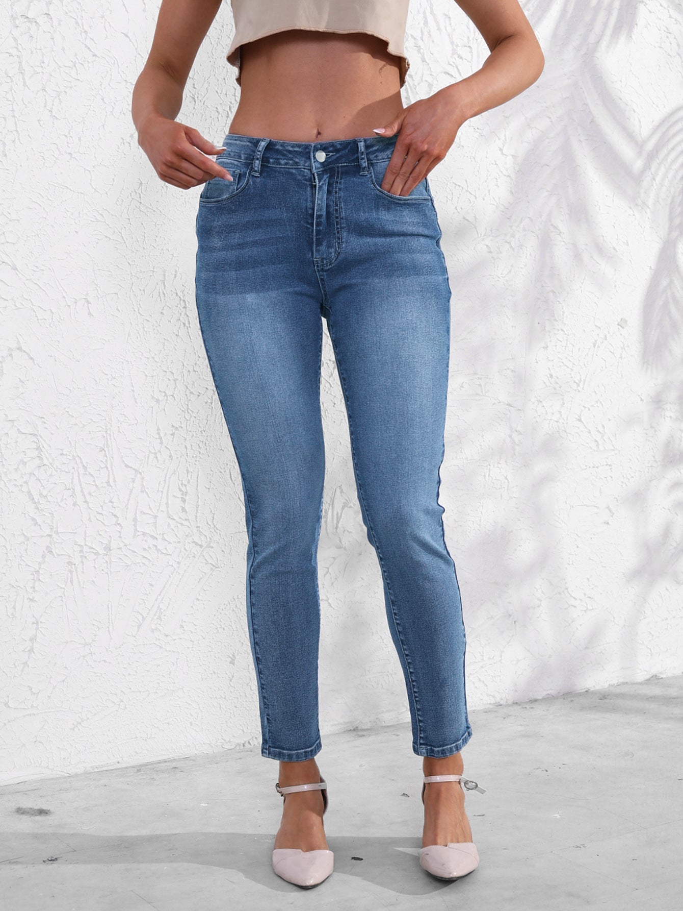 European and American cross-border women's jeans fashionable and versatile stretch pants simple slim slim blue denim trousers