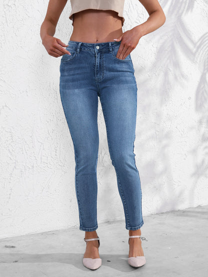 European and American cross-border women's jeans fashionable and versatile stretch pants simple slim slim blue denim trousers