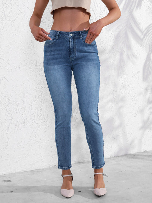 European and American cross-border women's jeans fashionable and versatile stretch pants simple slim slim blue denim trousers