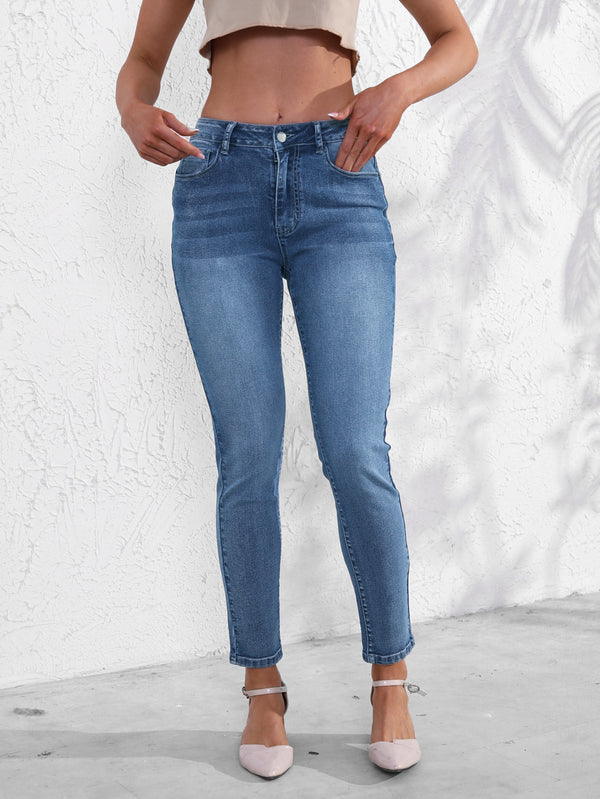 European and American cross-border women's jeans fashionable and versatile stretch pants simple slim slim blue denim trousers