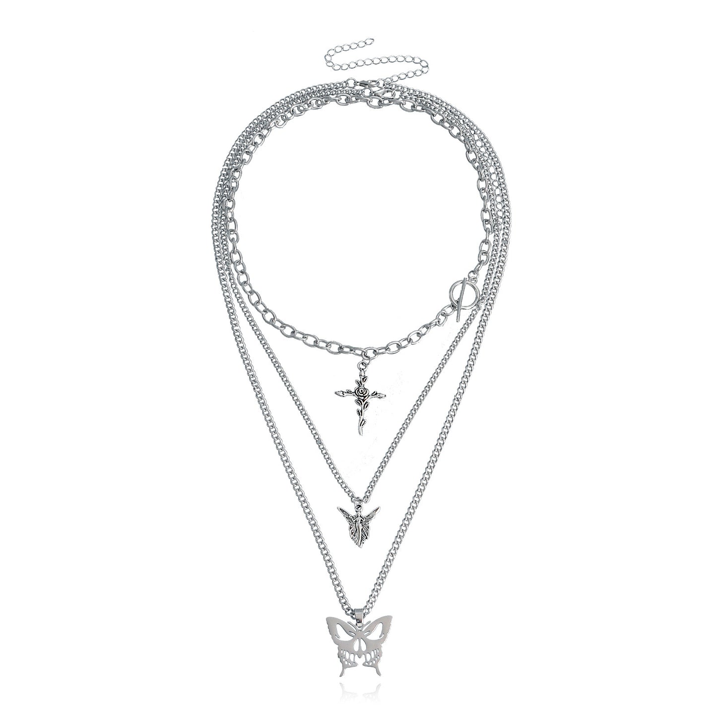 European and American cross-border jewelry, trendy multi-layer hollow butterfly, rose, cross, sweater, necklace, women's Korean version of the necklace