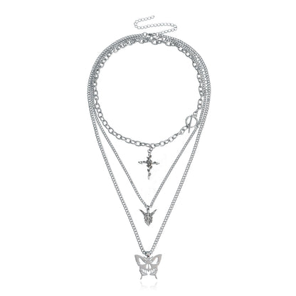 European and American cross-border jewelry, trendy multi-layer hollow butterfly, rose, cross, sweater, necklace, women's Korean version of the necklace