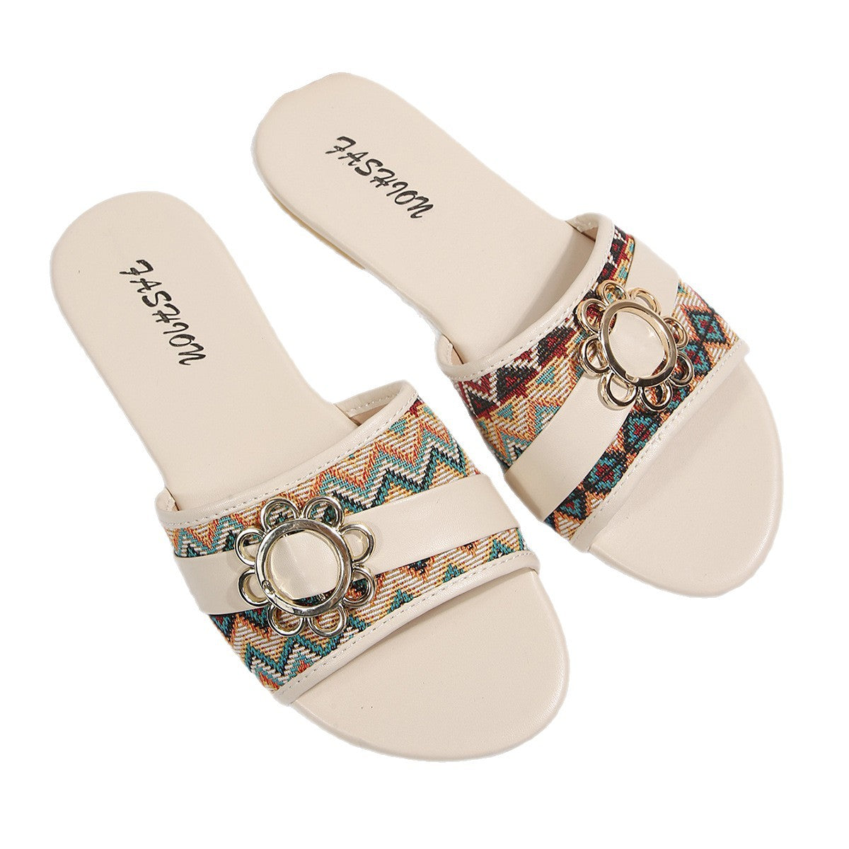 European and American cross-border women's shoes, export fashion slippers, elegant and versatile, ethnic style printed decorative round toe flat sandals